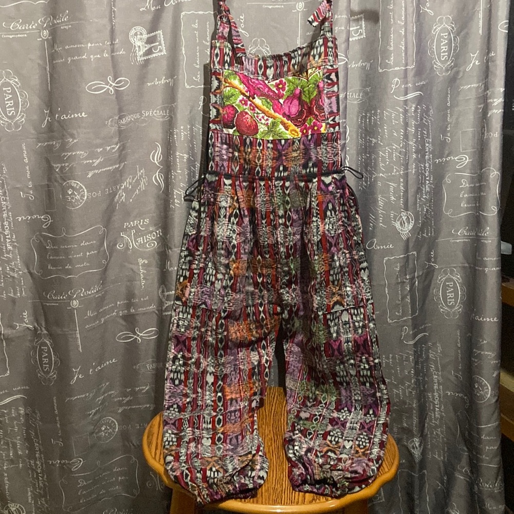 Wms medium overalls. Multi color Boho Natural look.